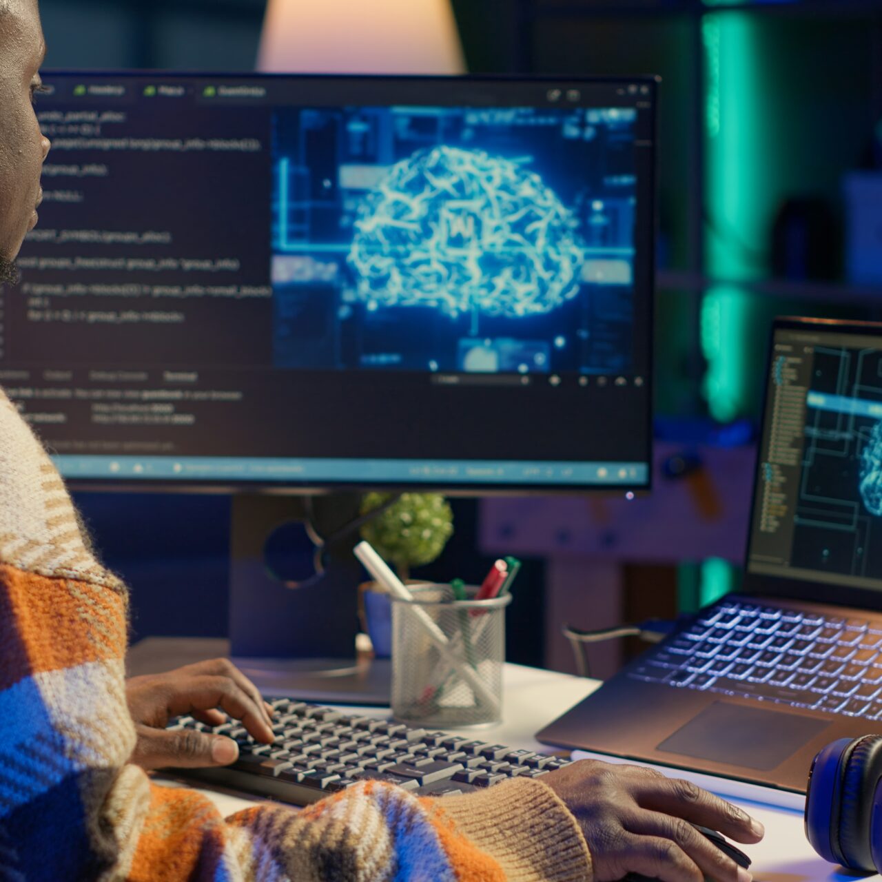 Black man programmer manages code and scripts in artificial intelligence and machine learning on dual monitors pc. Male freelancer uses personal computer to guarantee cyber security. Camera A.